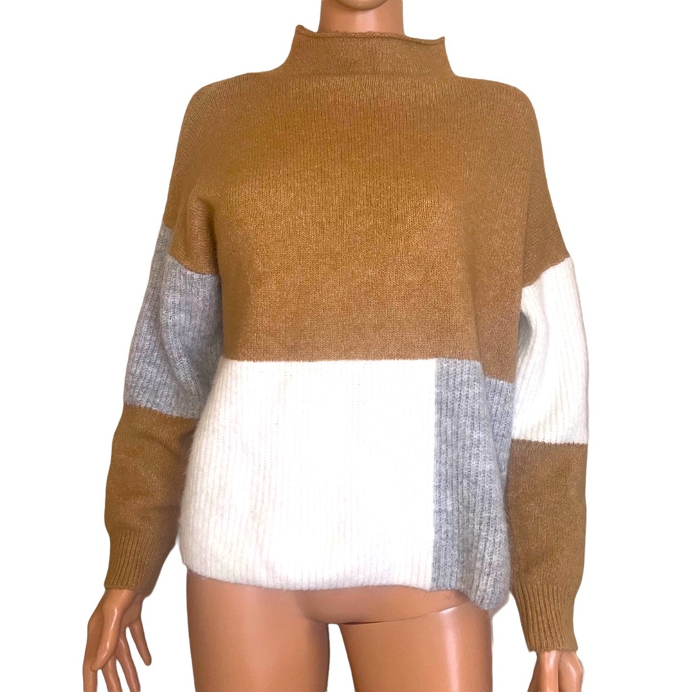 Vici Womens Kidman Colorblock Mock Neck knit Sweater Camel Size SM  SOFT